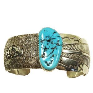 FOSTER YAZZIE NAVAJO Sterling Silver Blue Turquoise Tufa Cast Cuff Bracelet 56gr